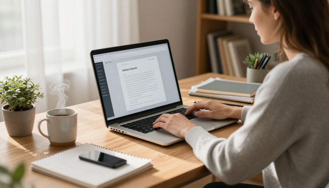 A professional woman uploading a PDF to create an online catalogue from her home office desk A professional woman uploading a PDF to create an online catalogue from her home office desk