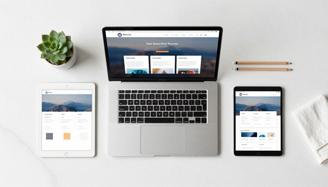 Multi-device flat lay showing the same interactive digital catalogue displayed on laptop tablet and smartphone Multi-device flat lay showing the same interactive digital catalogue displayed on laptop tablet and smartphone