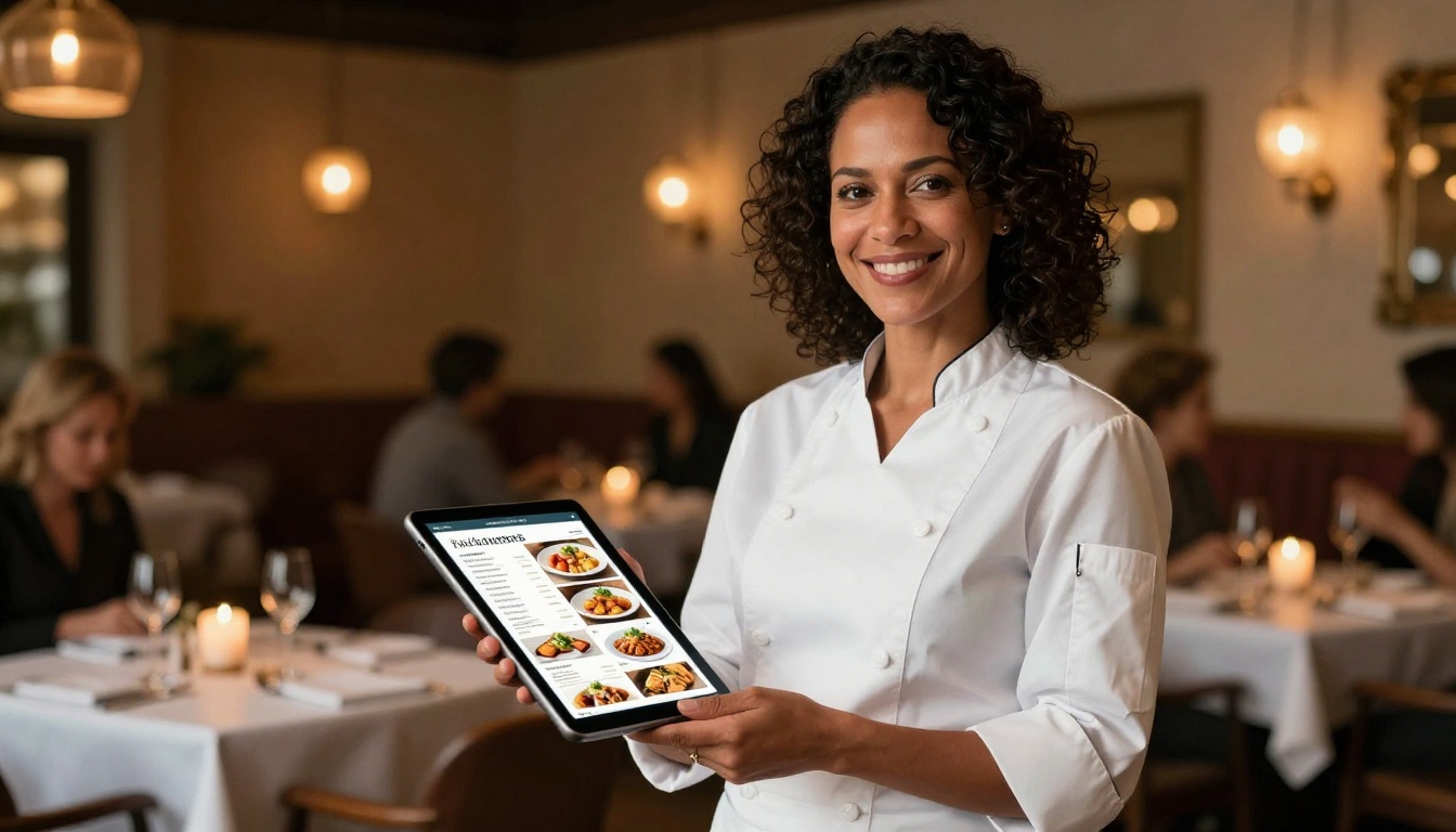 Restaurant owner holding tablet displaying animated digital menu with page-turn effects inside a warm restaurant Restaurant owner holding tablet displaying animated digital menu with page-turn effects inside a warm restaurant
