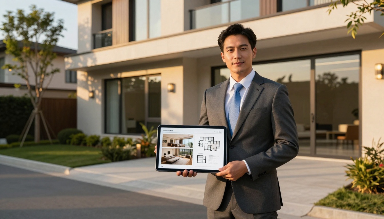 Real estate agent standing in front of a modern property holding a tablet with an animated property catalogue Real estate agent standing in front of a modern property holding a tablet with an animated property catalogue