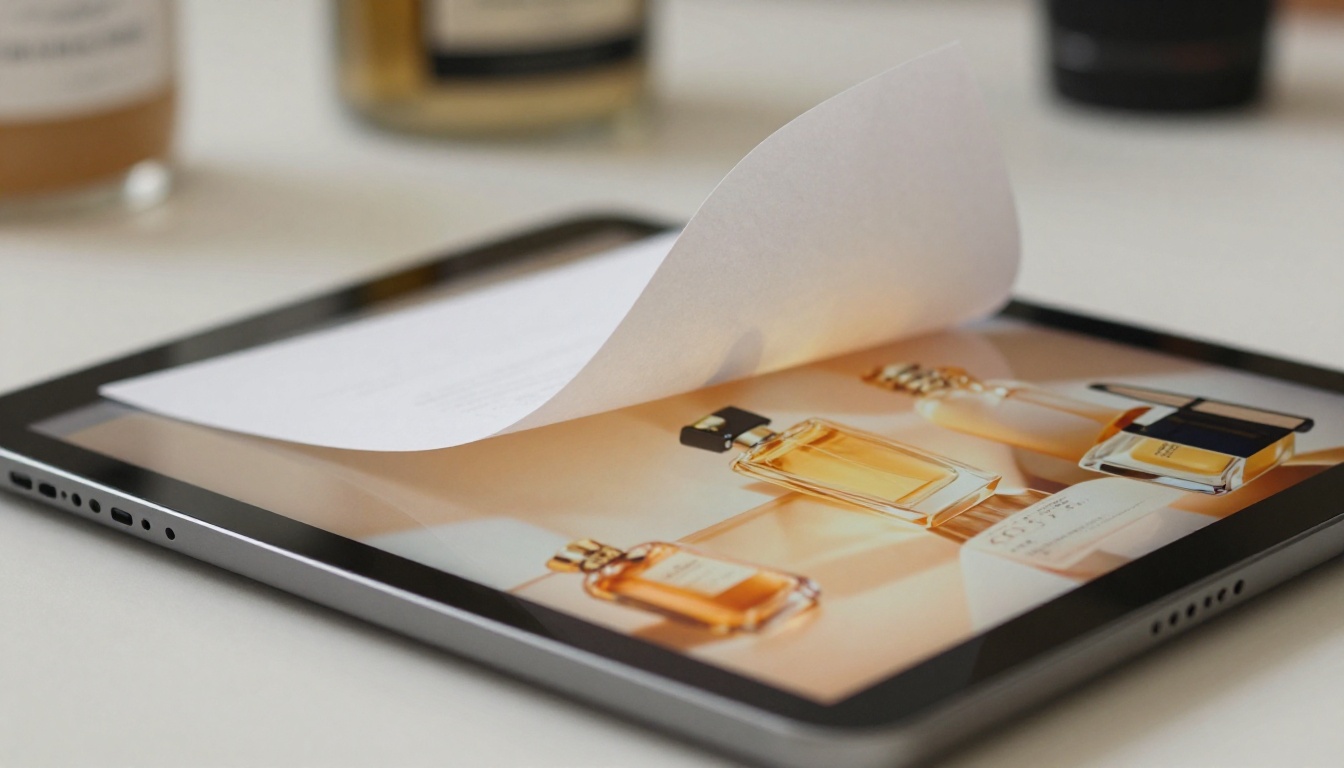 Close-up macro shot of a tablet screen showing a dramatic page-turn animation mid-flip revealing product photography Close-up macro shot of a tablet screen showing a dramatic page-turn animation mid-flip revealing product photography