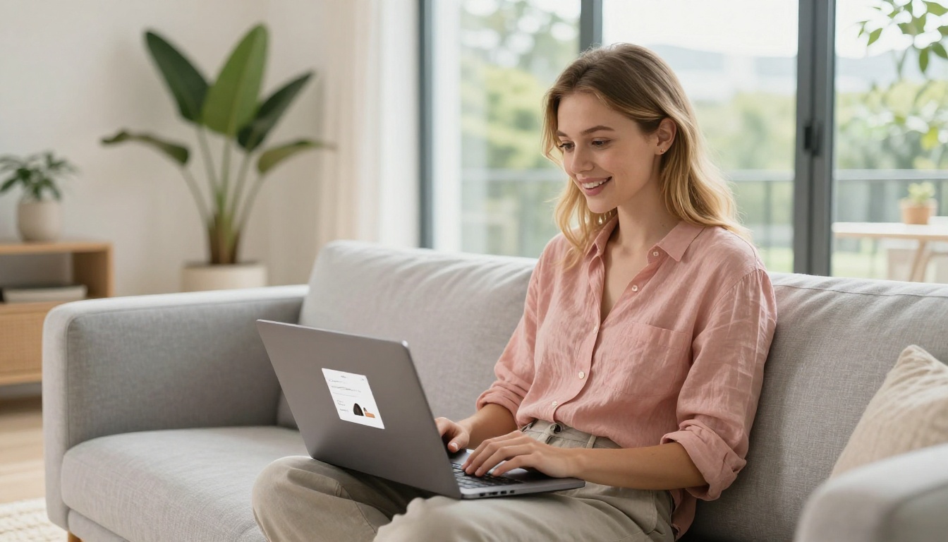 Young woman entrepreneur sharing her digital catalogue link from her laptop on a modern sofa Young woman entrepreneur sharing her digital catalogue link from her laptop on a modern sofa