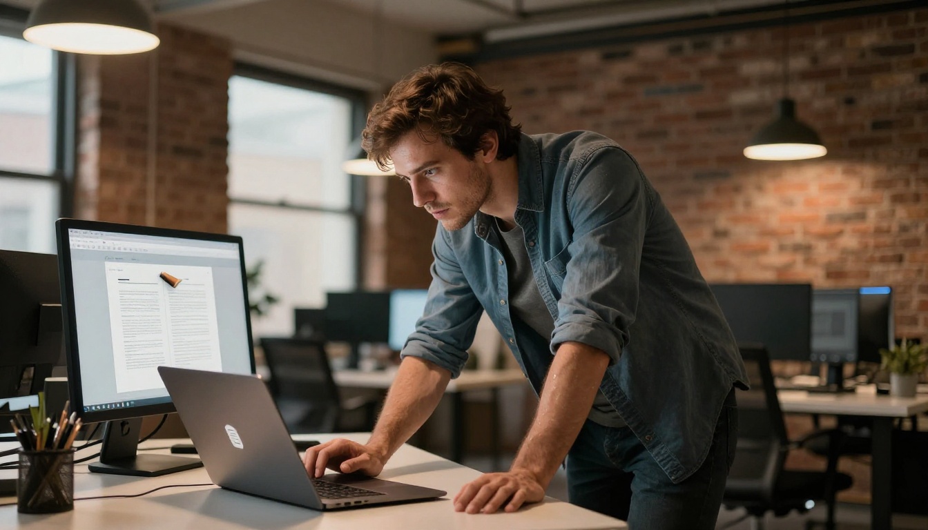 A professional uploading a PDF document to convert into a digital flipbook on a modern laptop in a stylish open-plan office A professional uploading a PDF document to convert into a digital flipbook on a modern laptop in a stylish open-plan office