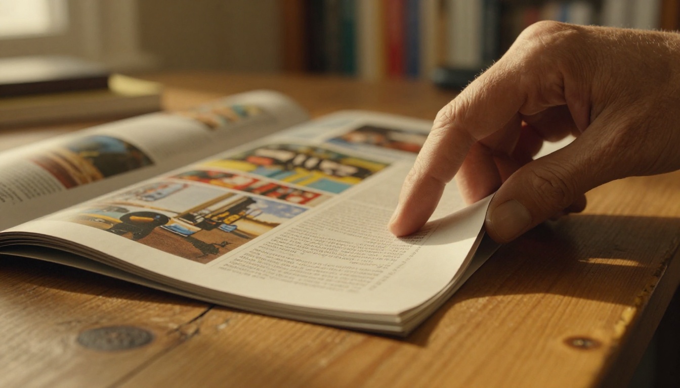 Hands turning a printed magazine page mid-curl on a wooden desk surface