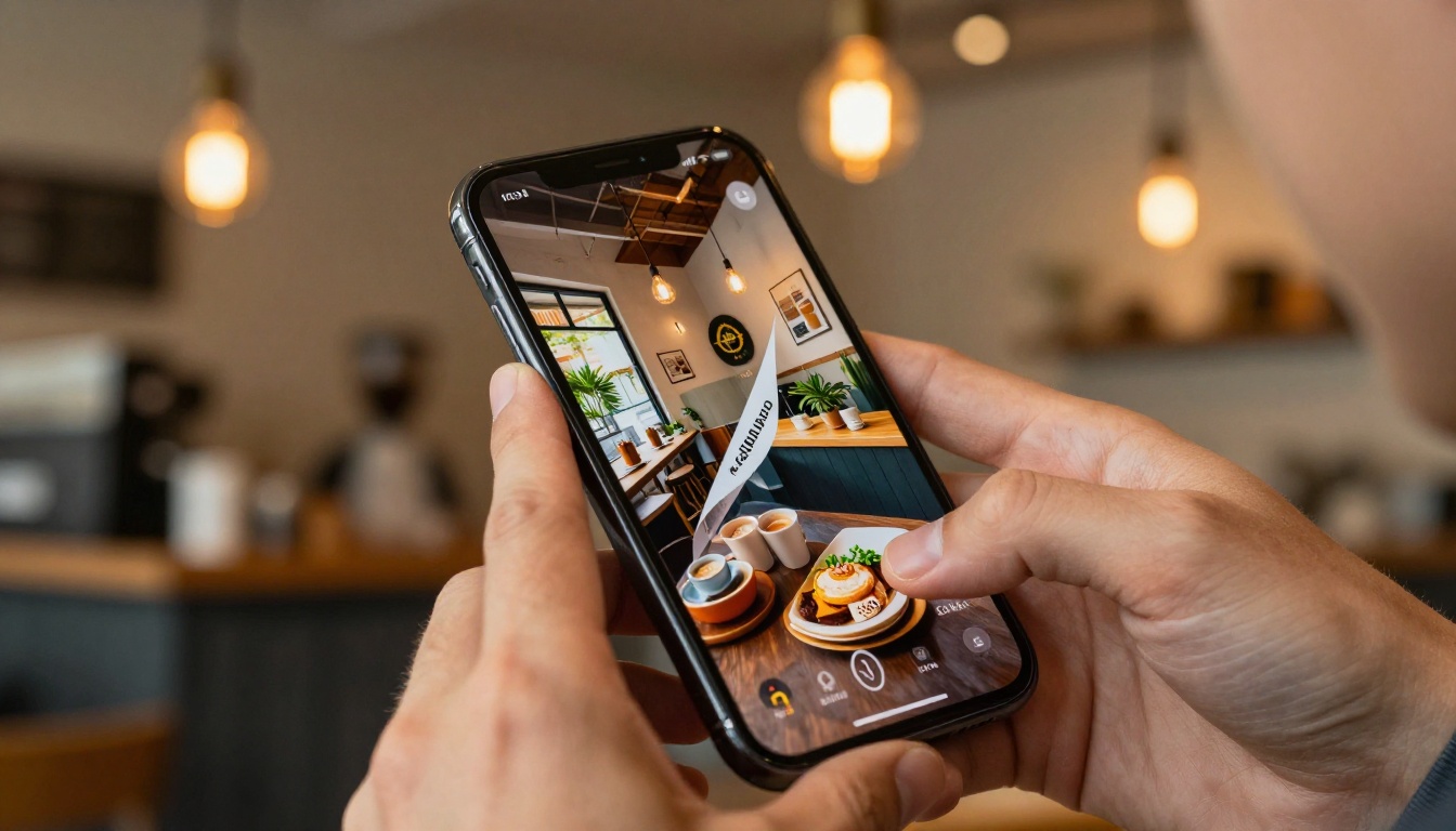 Young professional's hands swiping through page-flip catalog on smartphone in café Young professional's hands swiping through page-flip catalog on smartphone in café