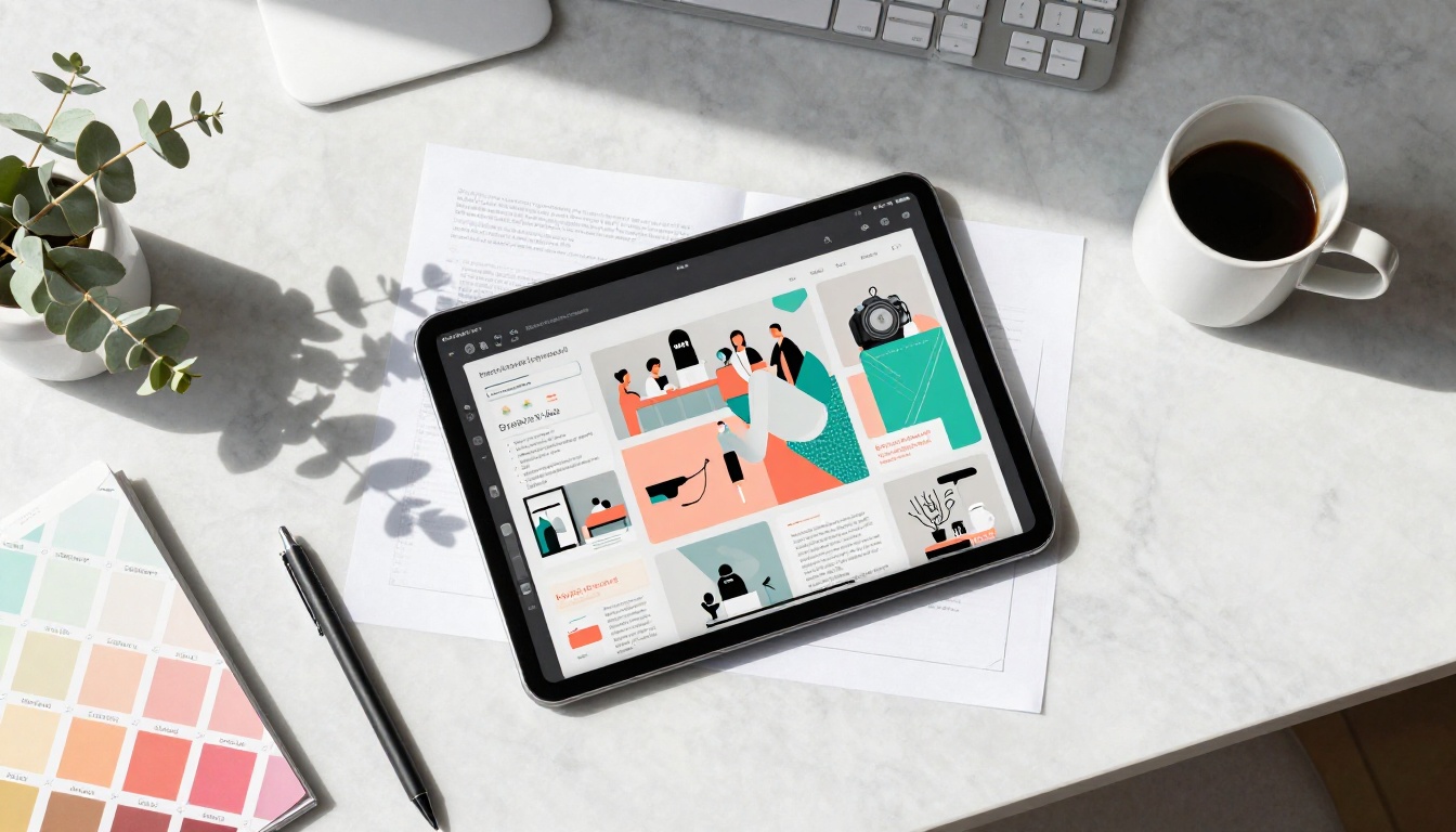 Aerial flat-lay of a designer workspace with tablet showing digital flipbook surrounded by PDF documents and design materials