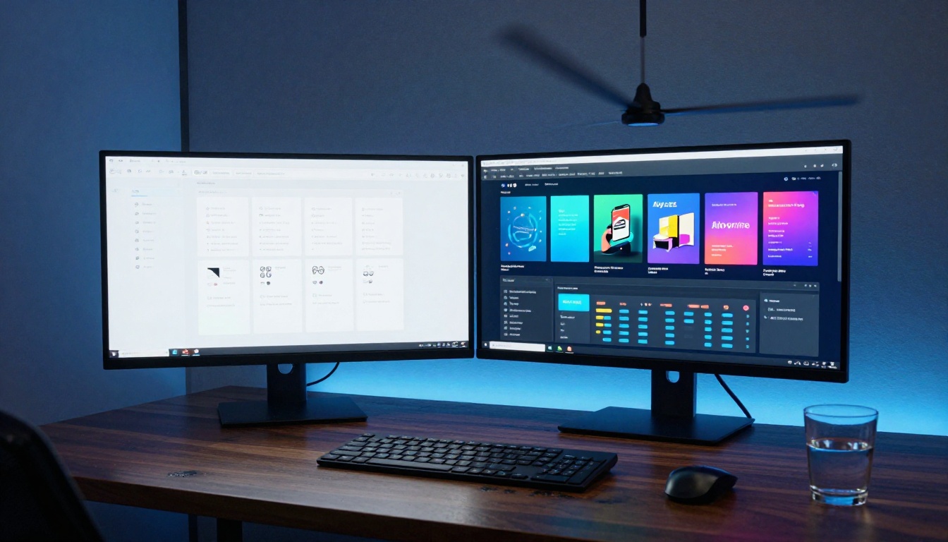 A dual-monitor setup on a dark walnut desk displaying two different flipbook software interfaces side by side for direct comparison A dual-monitor setup on a dark walnut desk displaying two different flipbook software interfaces side by side for direct comparison