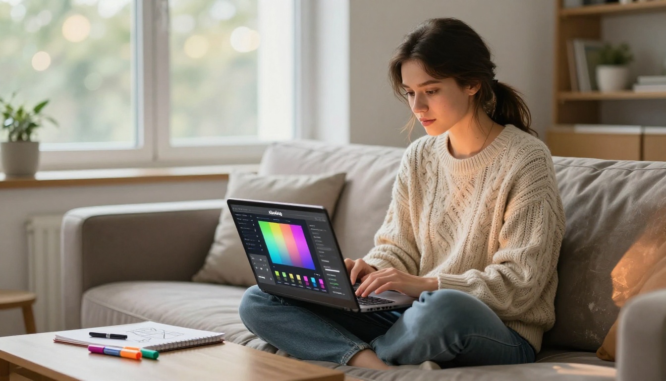 A graphic designer sitting cross-legged on a sofa adjusting brand colors and customization settings on a flipbook platform A graphic designer sitting cross-legged on a sofa adjusting brand colors and customization settings on a flipbook platform