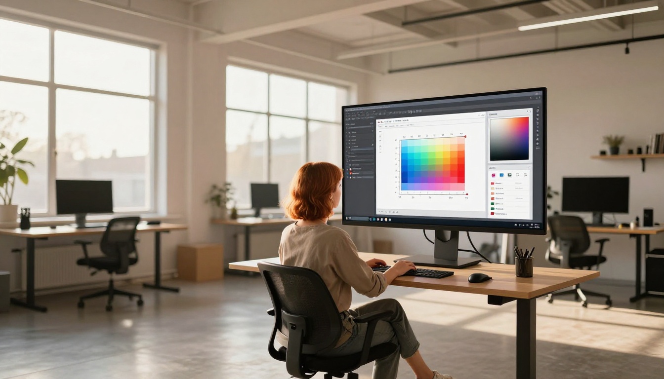 A woman customizing her digital flipbook on a widescreen monitor in a modern creative studio