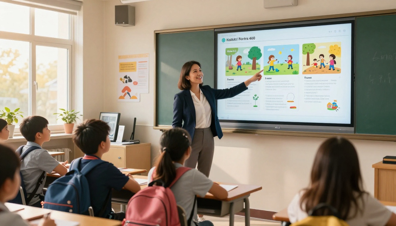 Low-angle shot of a teacher pointing at a digital flipbook on a classroom display screen with engaged students in the foreground