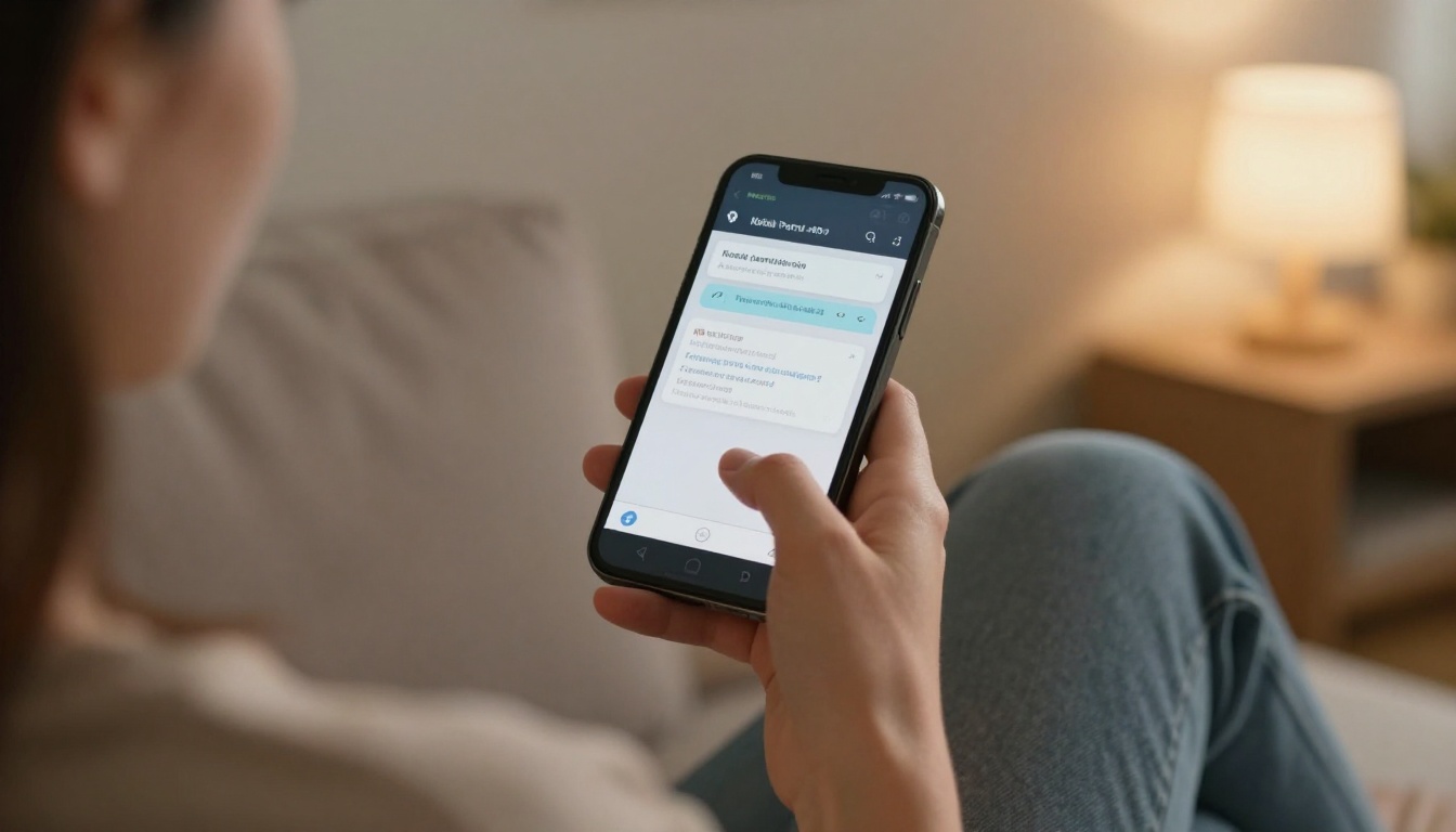 A woman on a couch sharing a flipbook link via her smartphone messaging app