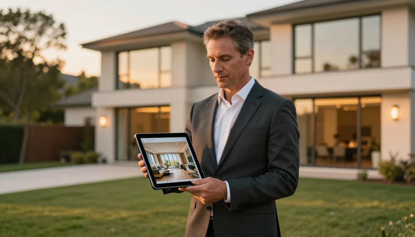 Real estate agent standing outdoors in front of modern home with tablet showing digital brochure Real estate agent standing outdoors in front of modern home with tablet showing digital brochure