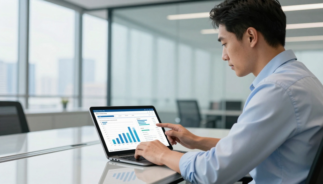 A business professional reviewing a flipbook analytics dashboard on a tablet in a modern corporate office