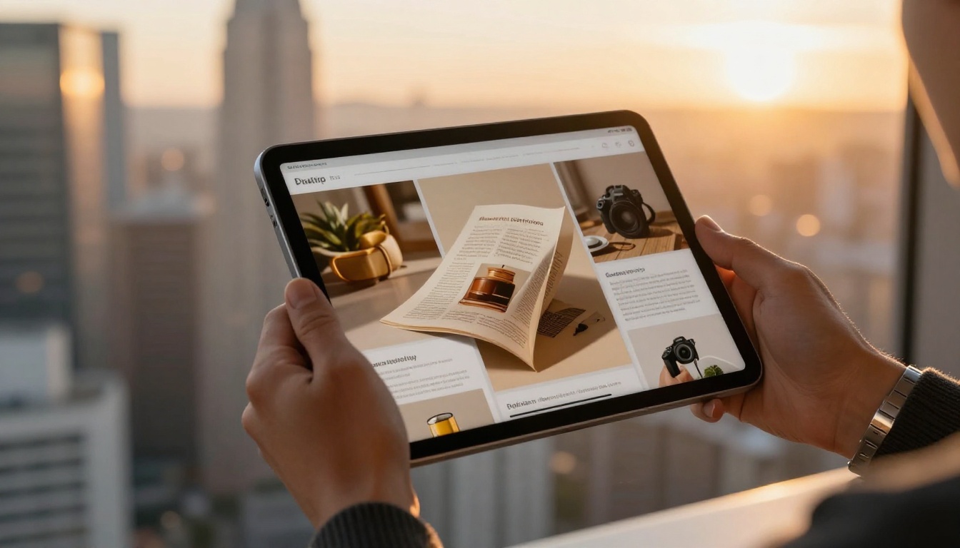 An iPad Pro held near a floor-to-ceiling glass window displaying a digital product catalog flipbook during golden hour sunset