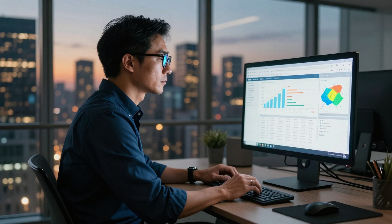 A businessman in his 40s studying a reader analytics dashboard on a computer screen with a city skyline visible through glass walls at dusk A businessman in his 40s studying a reader analytics dashboard on a computer screen with a city skyline visible through glass walls at dusk