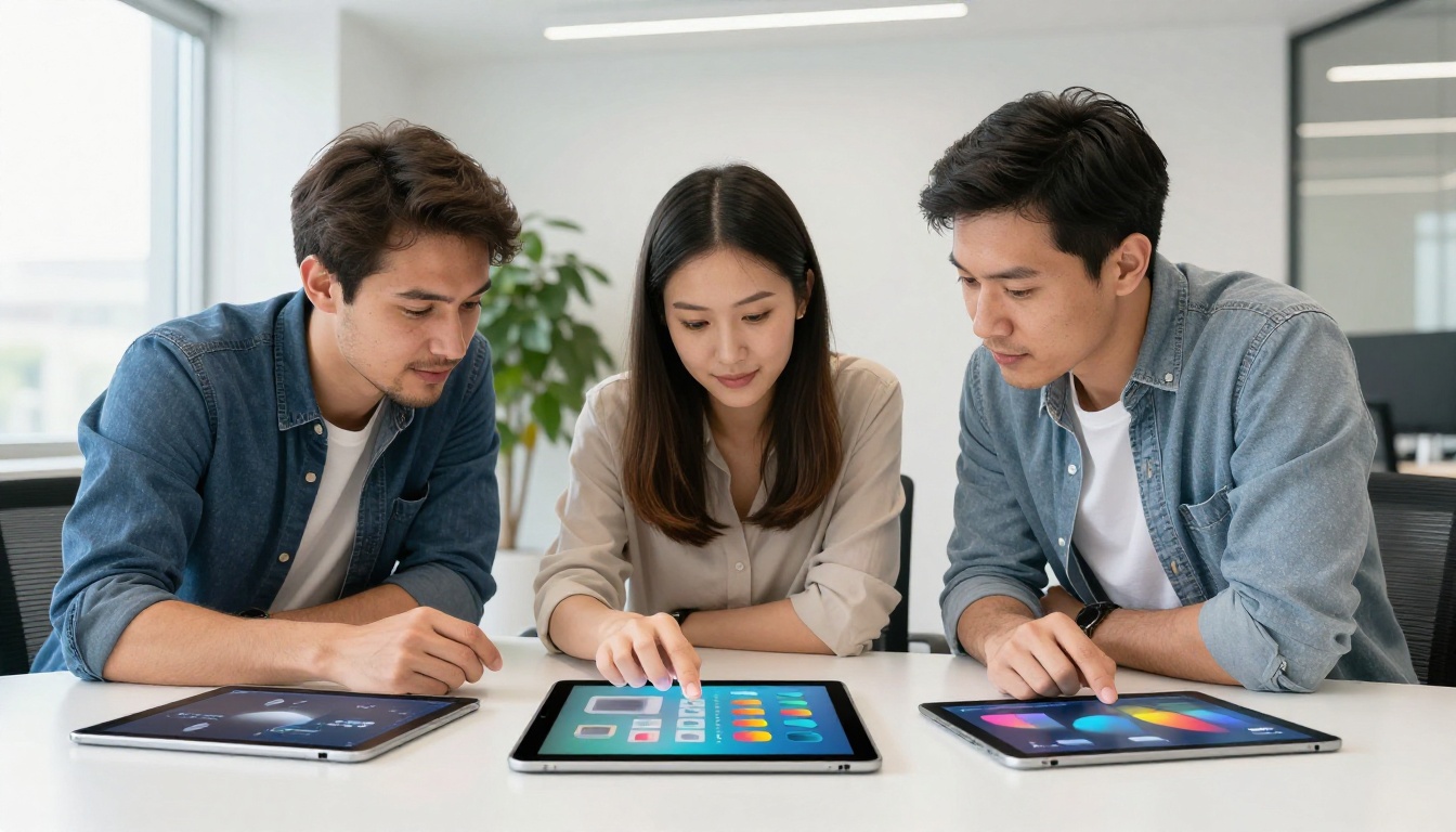 Three colleagues gathered around a tablet browsing a product catalog flipbook together in a bright office