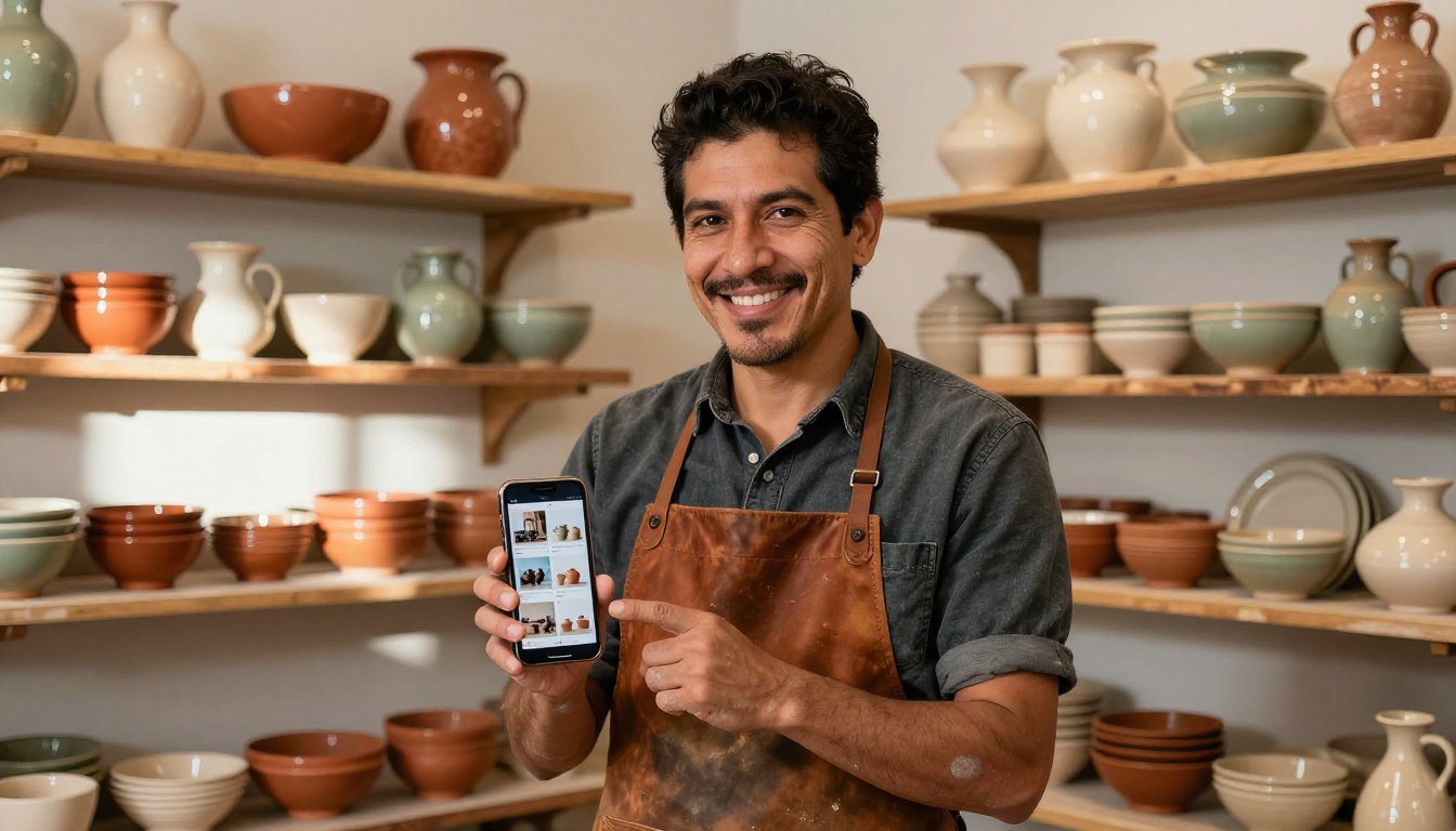 A small business owner in his ceramics shop smiling while viewing a digital product catalog flipbook on his smartphone