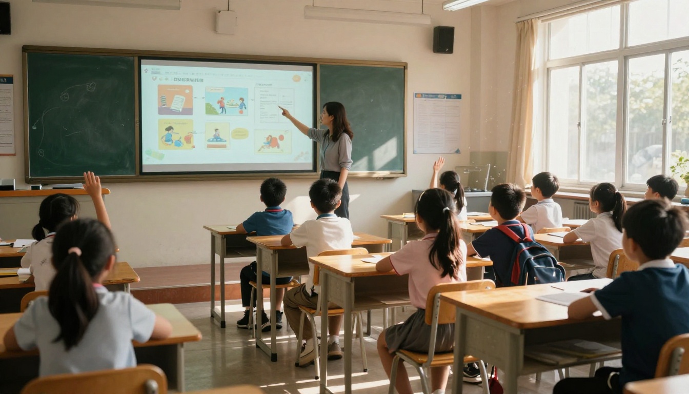 A female teacher pointing at a projected interactive digital flipbook while students in a bright classroom look on attentively A female teacher pointing at a projected interactive digital flipbook while students in a bright classroom look on attentively