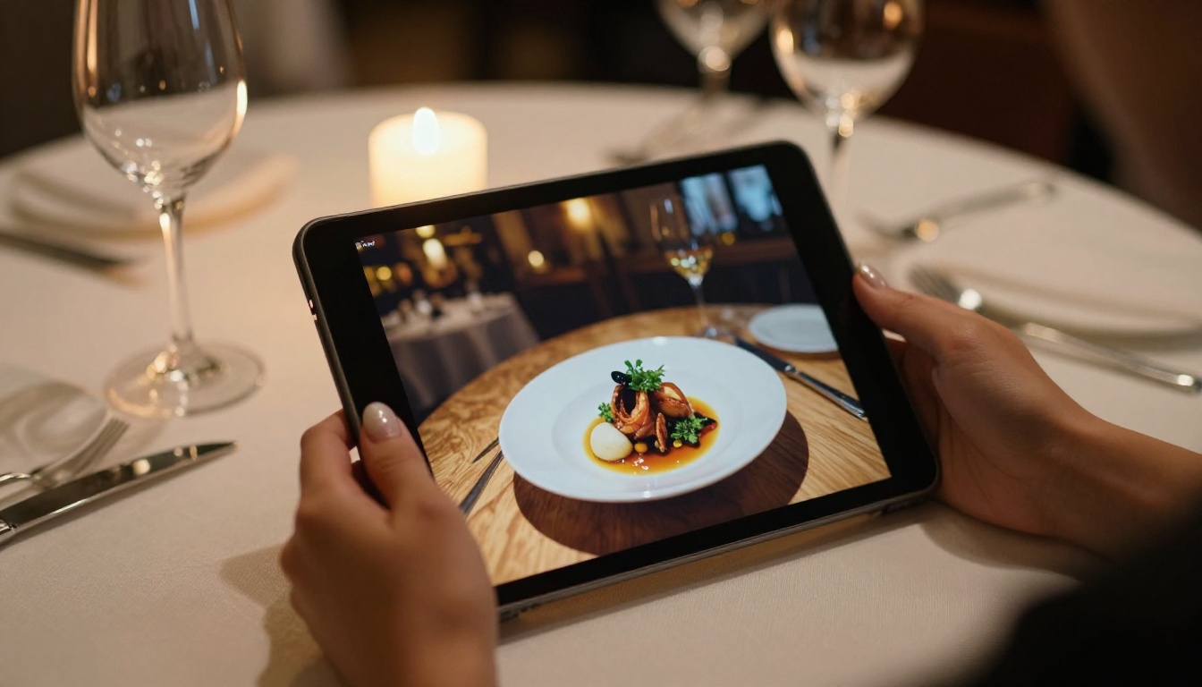 Elegant restaurant table with wine glasses and a tablet showing a full-color digital menu Elegant restaurant table with wine glasses and a tablet showing a full-color digital menu