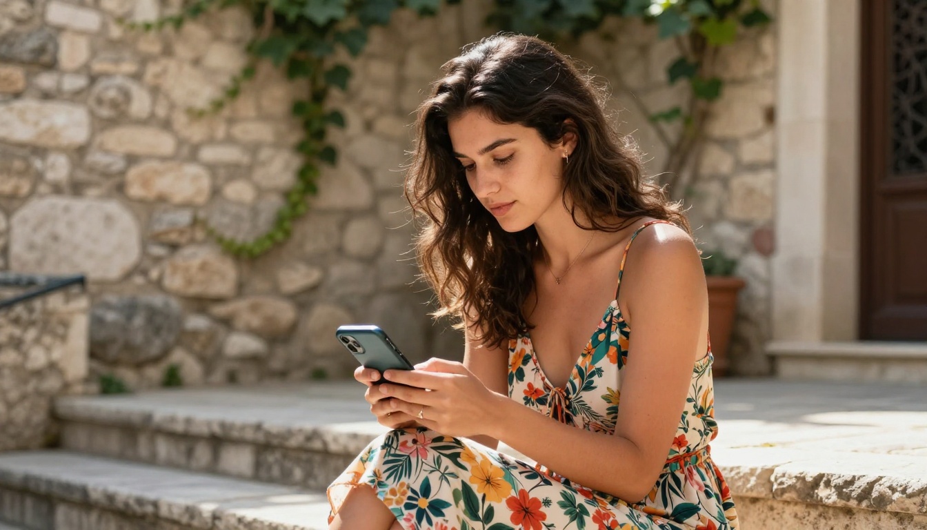 A young woman reading a digital flipbook on her phone outdoors in a sunny Mediterranean courtyard