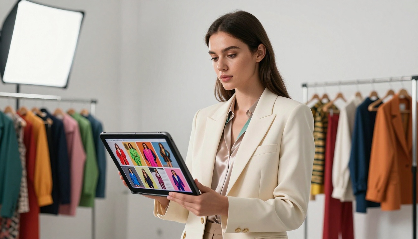 Fashion stylist in bright studio holding tablet displaying a vivid editorial lookbook flipbook Fashion stylist in bright studio holding tablet displaying a vivid editorial lookbook flipbook