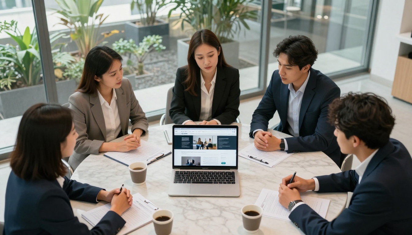 A marketing professional presenting a digital product catalog on a laptop to three colleagues gathered around a marble conference table A marketing professional presenting a digital product catalog on a laptop to three colleagues gathered around a marble conference table