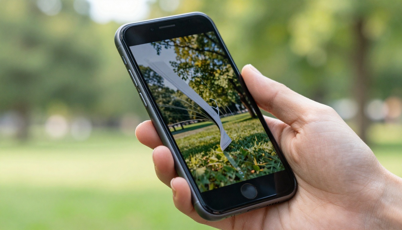 A hand holding a smartphone horizontally in a park, displaying a beautifully designed digital flipbook caught mid-page-flip animation A hand holding a smartphone horizontally in a park, displaying a beautifully designed digital flipbook caught mid-page-flip animation