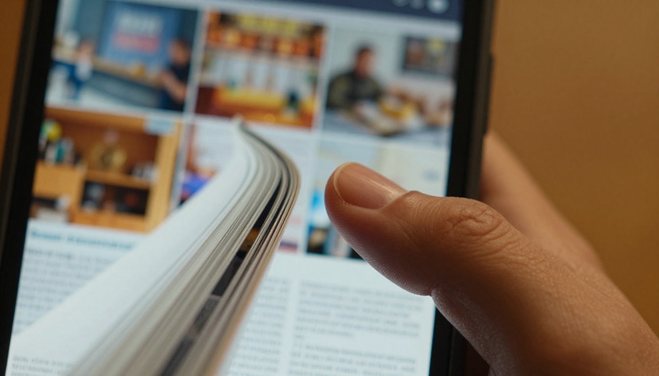 Extreme close-up of a finger swiping across a phone screen showing a digital flipbook page turning in motion