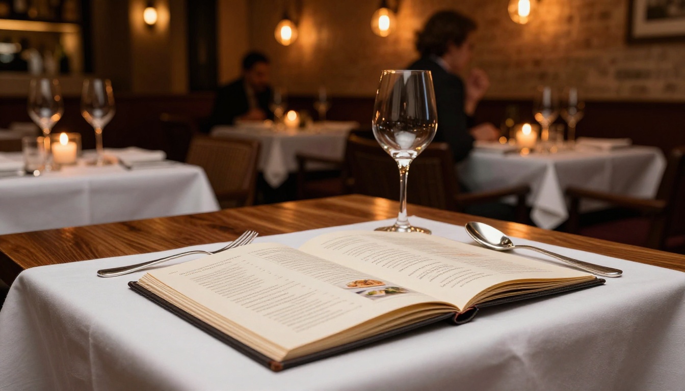 Warm candlelit restaurant interior with an open menu on a white linen tablecloth and elegant diners softly blurred in the background