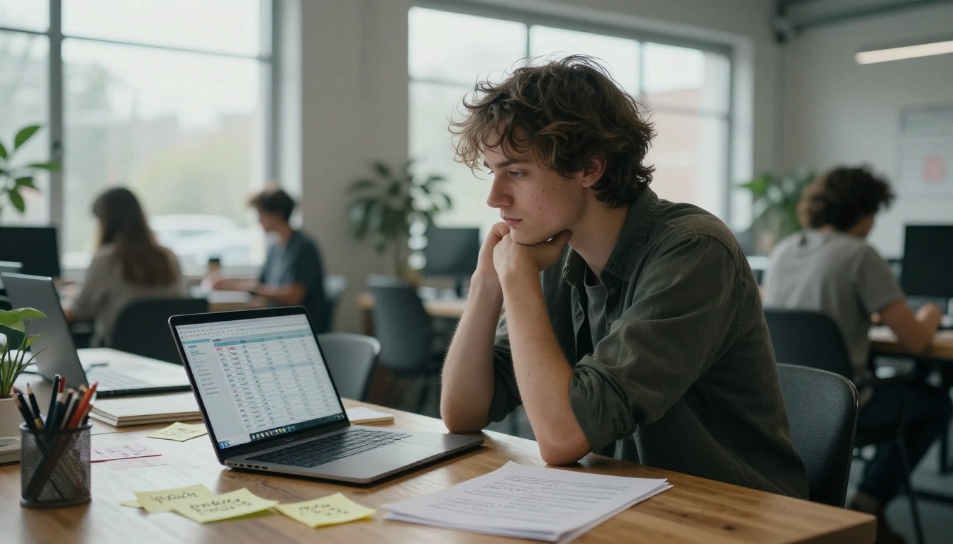 A young freelancer in a sunlit co-working space comparing software pricing tables on a laptop surrounded by handwritten notes and sticky notes A young freelancer in a sunlit co-working space comparing software pricing tables on a laptop surrounded by handwritten notes and sticky notes