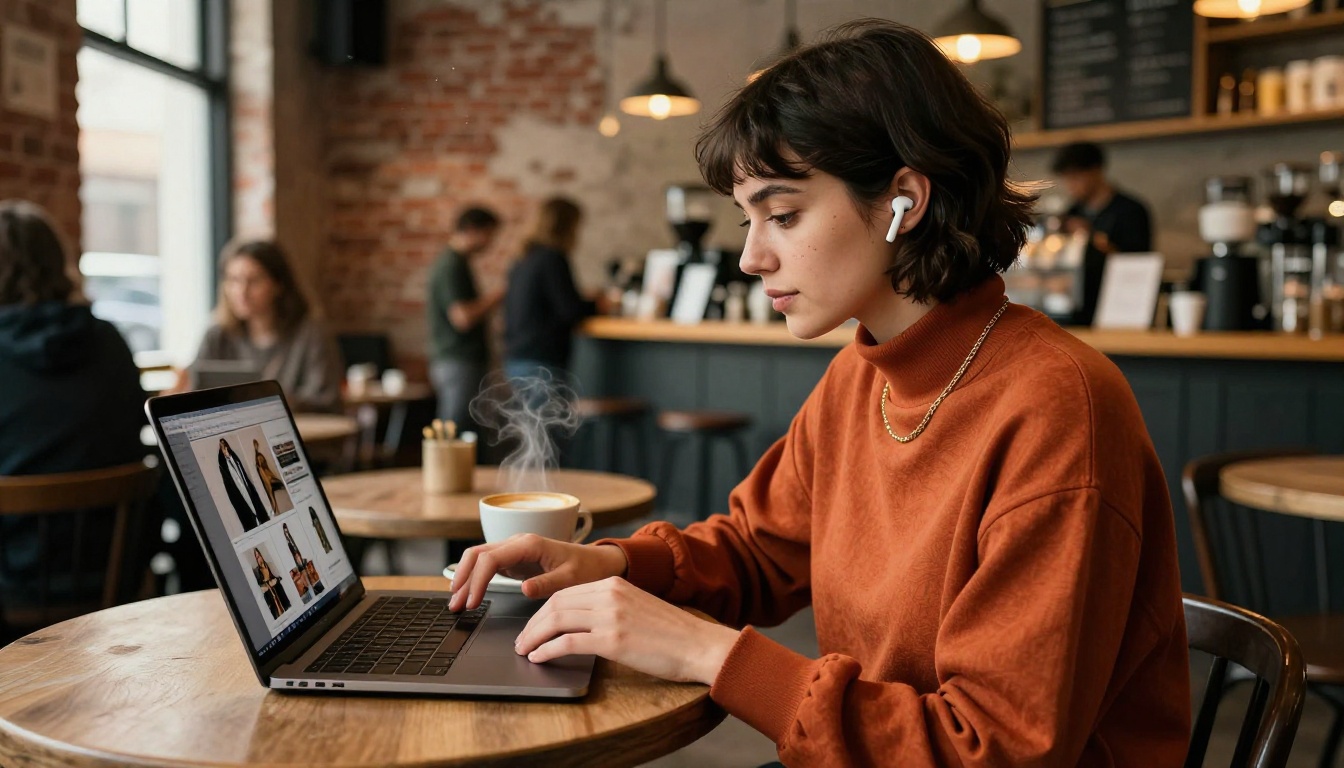 A freelancer in a coffee shop working on a digital portfolio flipbook on her MacBook with warm ambient lighting