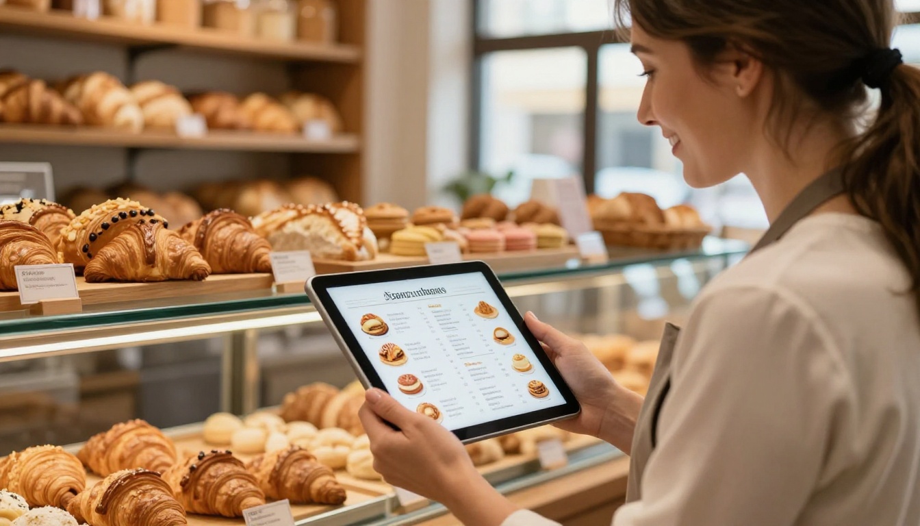 Small business owner showing digital menu to a customer