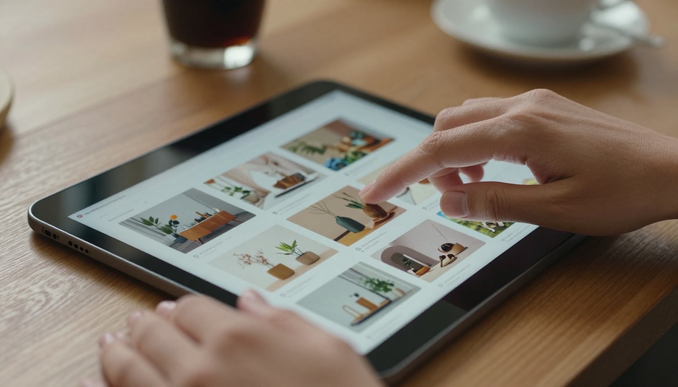 Hands scrolling through an interactive digital product catalog on a tablet