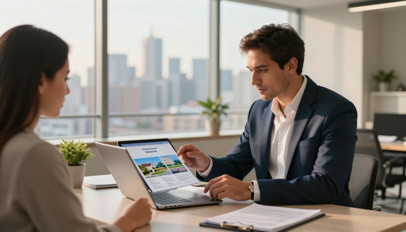 Real estate agent presenting digital property brochure to clients