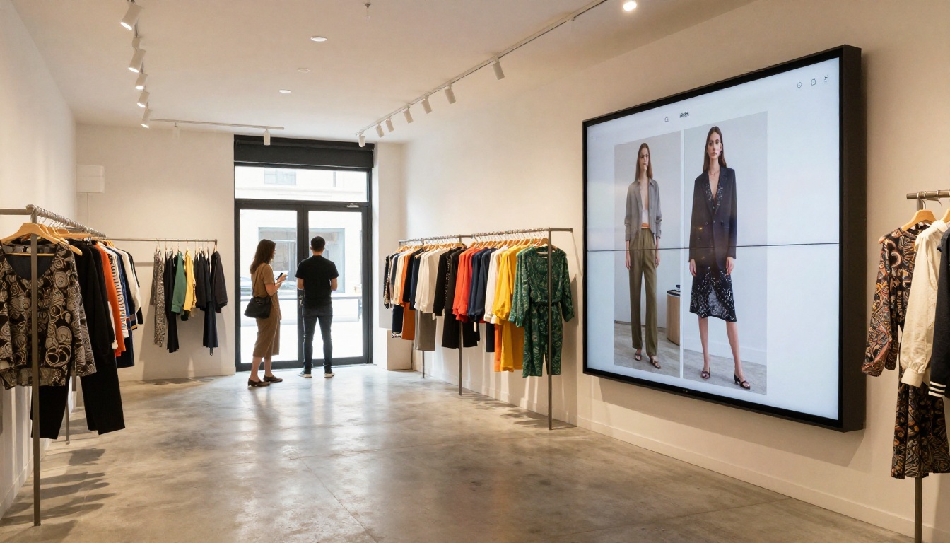 Boutique clothing store with digital lookbook displayed on wall screen