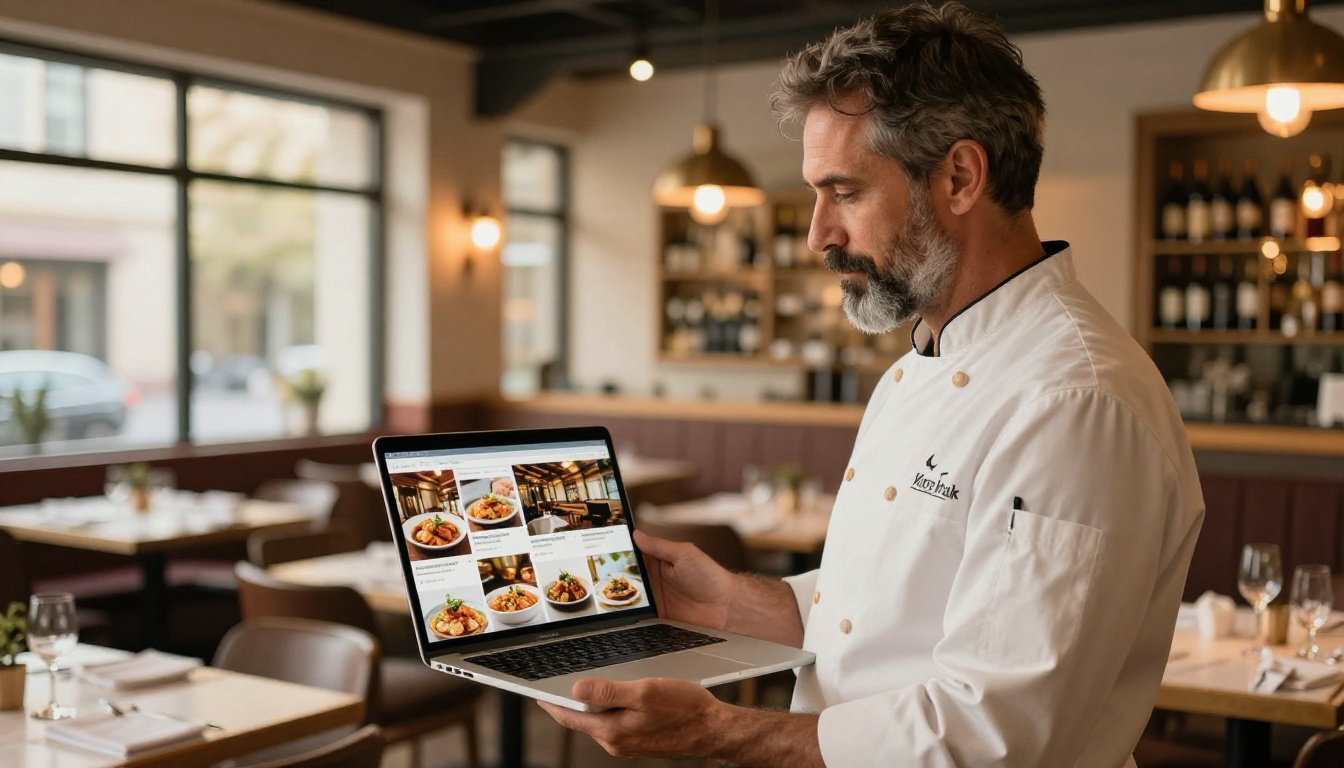 Restaurant owner reviewing digital menu on laptop