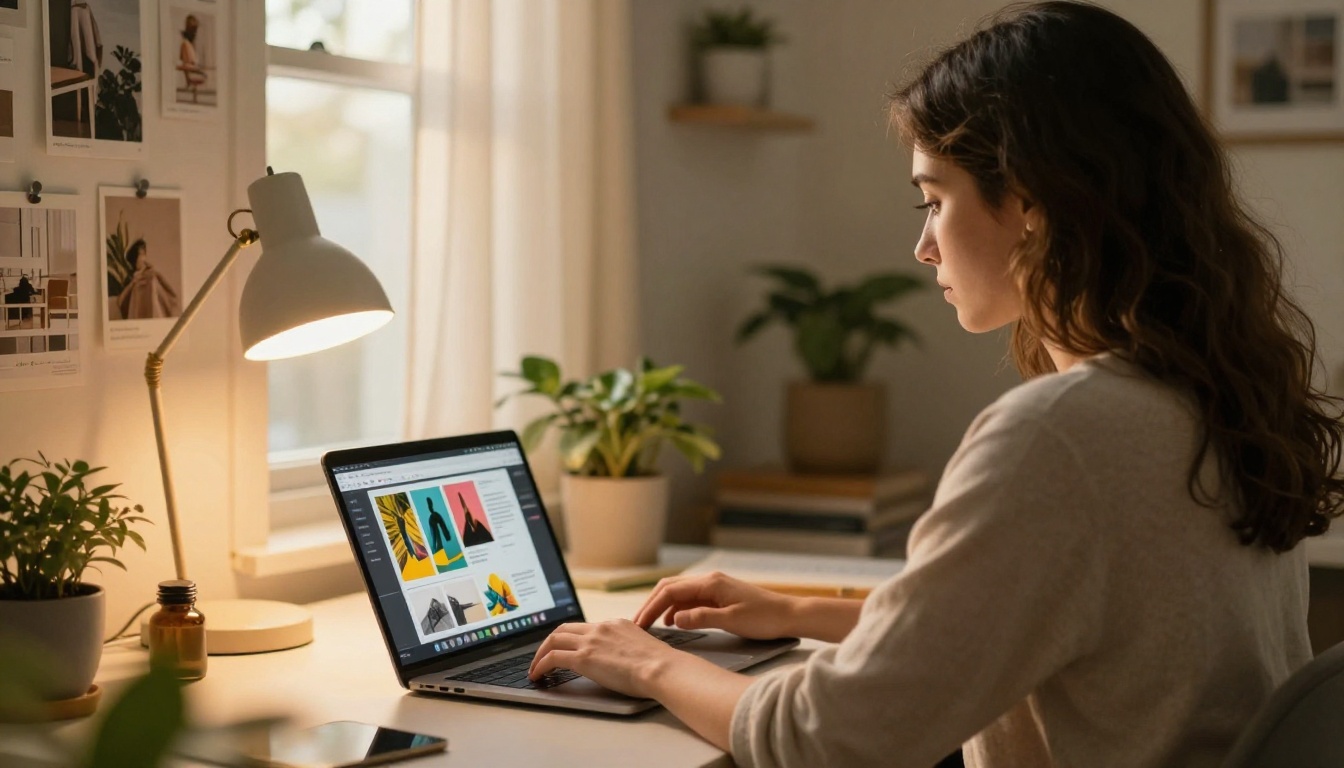 Young woman entrepreneur creating digital flipbook content at home office