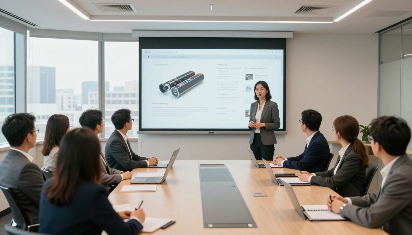 Woman presenting interactive digital flipbook to team in a conference room