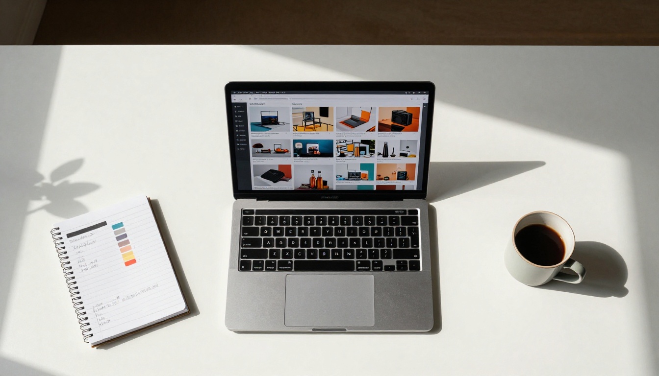 Product catalog on laptop aerial view