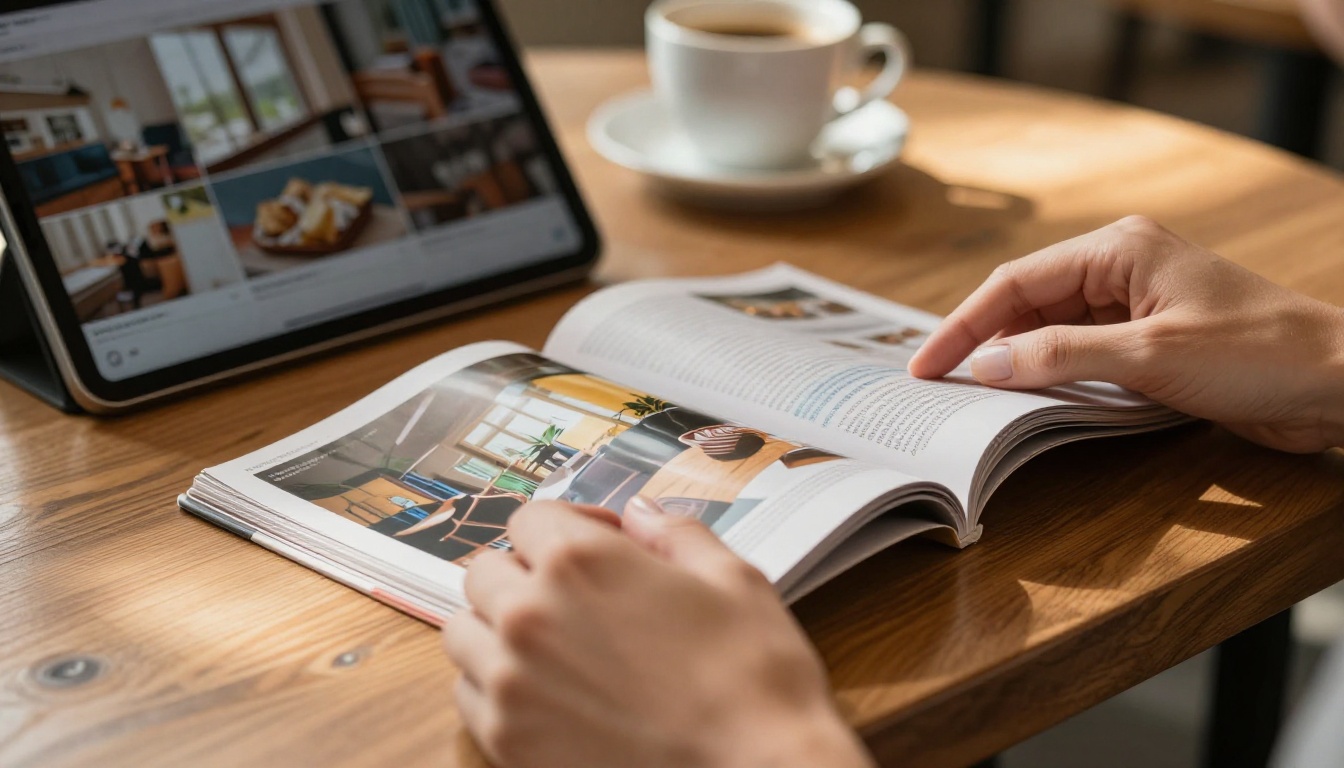 Print magazine page being turned beside a tablet showing a digital flipbook with page-curl animation
