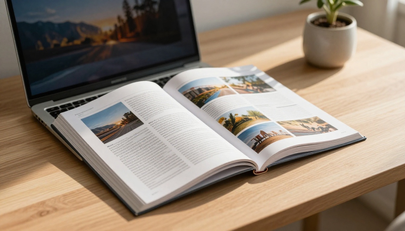Close-up of a laptop screen showing a digital magazine flipbook with pages mid-turn