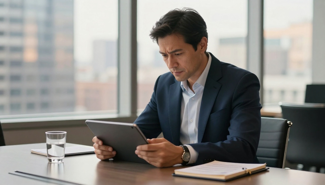 Business professional reviewing a digital catalog on a tablet at a conference table