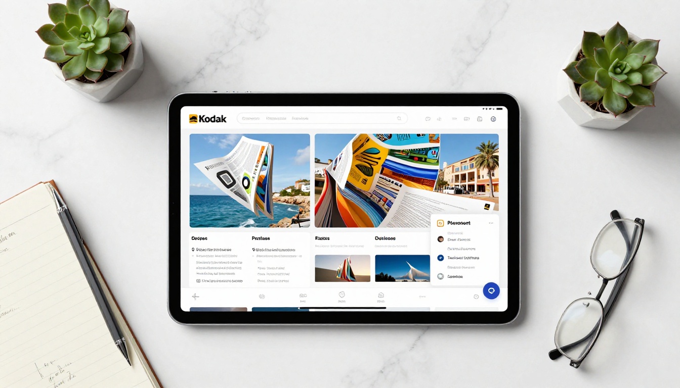 Overhead flat-lay of iPad Pro on marble surface displaying a digital product catalog flipbook