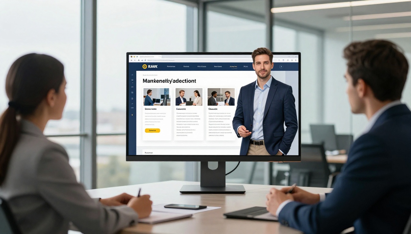 Marketing professional in navy blazer presenting a digital brochure flipbook on a large monitor to colleagues in a glass-walled office