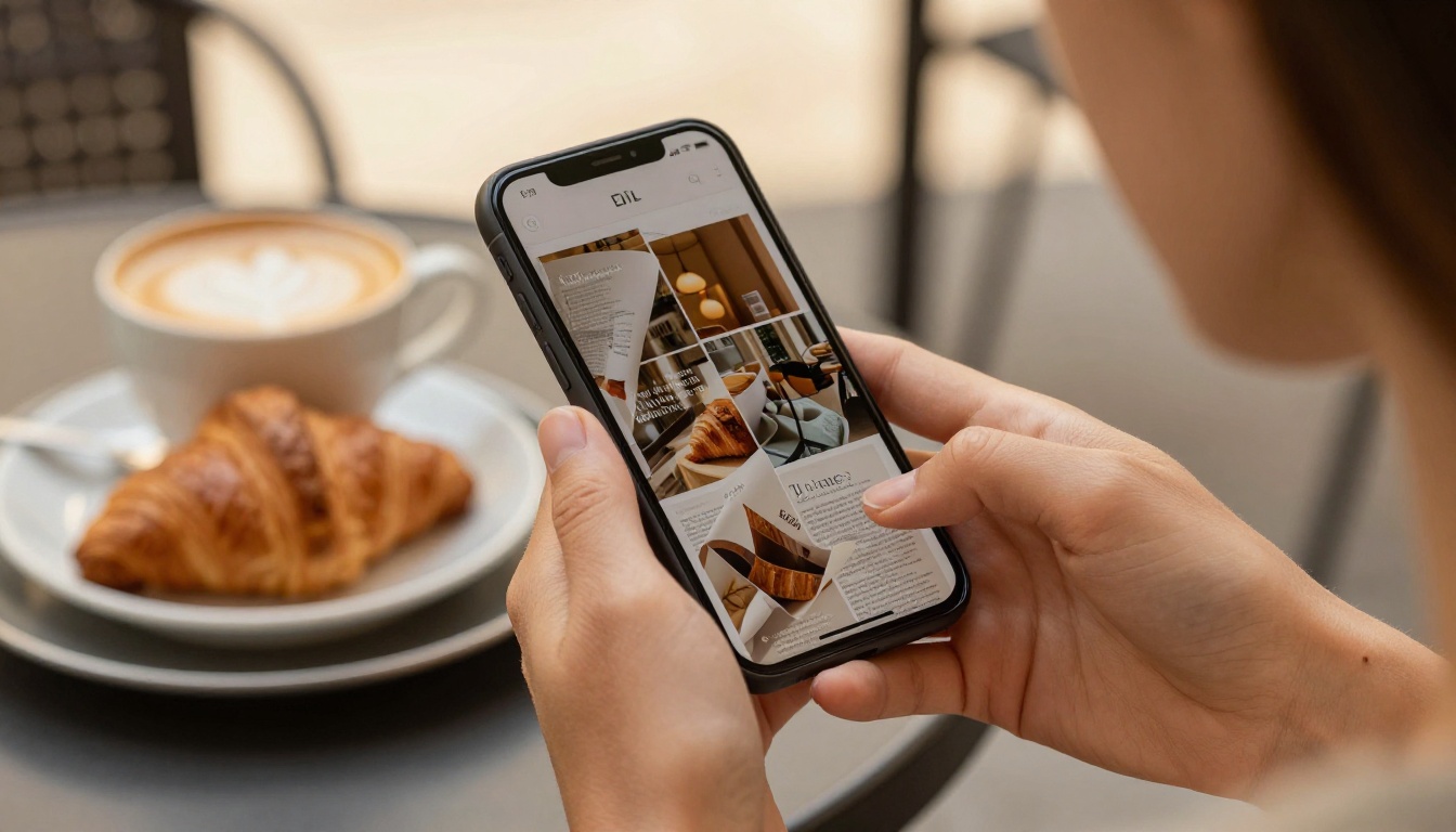 Woman at a cafe holding a smartphone showing a beautifully designed digital magazine flipbook