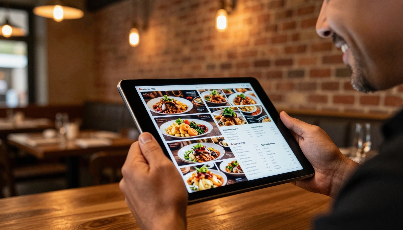 Restaurant owner with warm smile holding an iPad displaying a digital restaurant menu flipbook in an upscale dining room