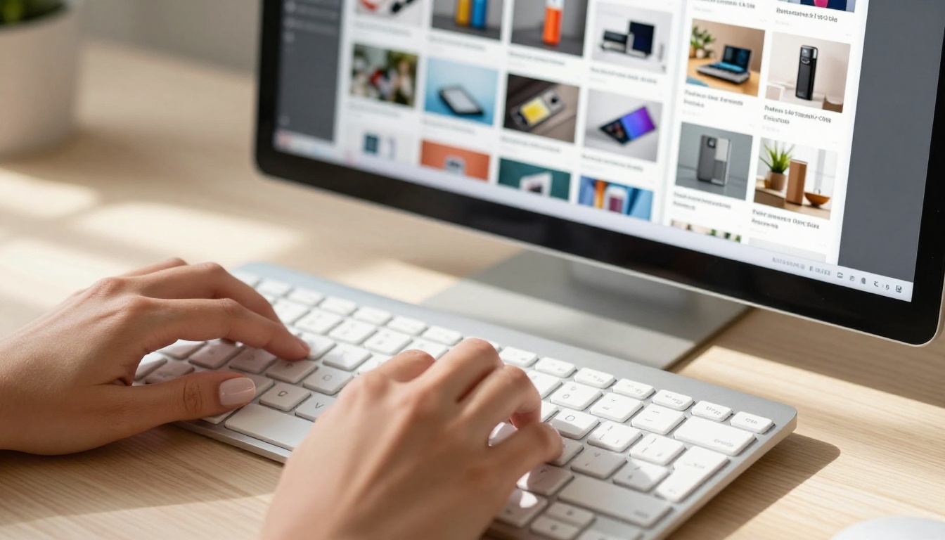 Hands typing on keyboard with brochure design software on screen