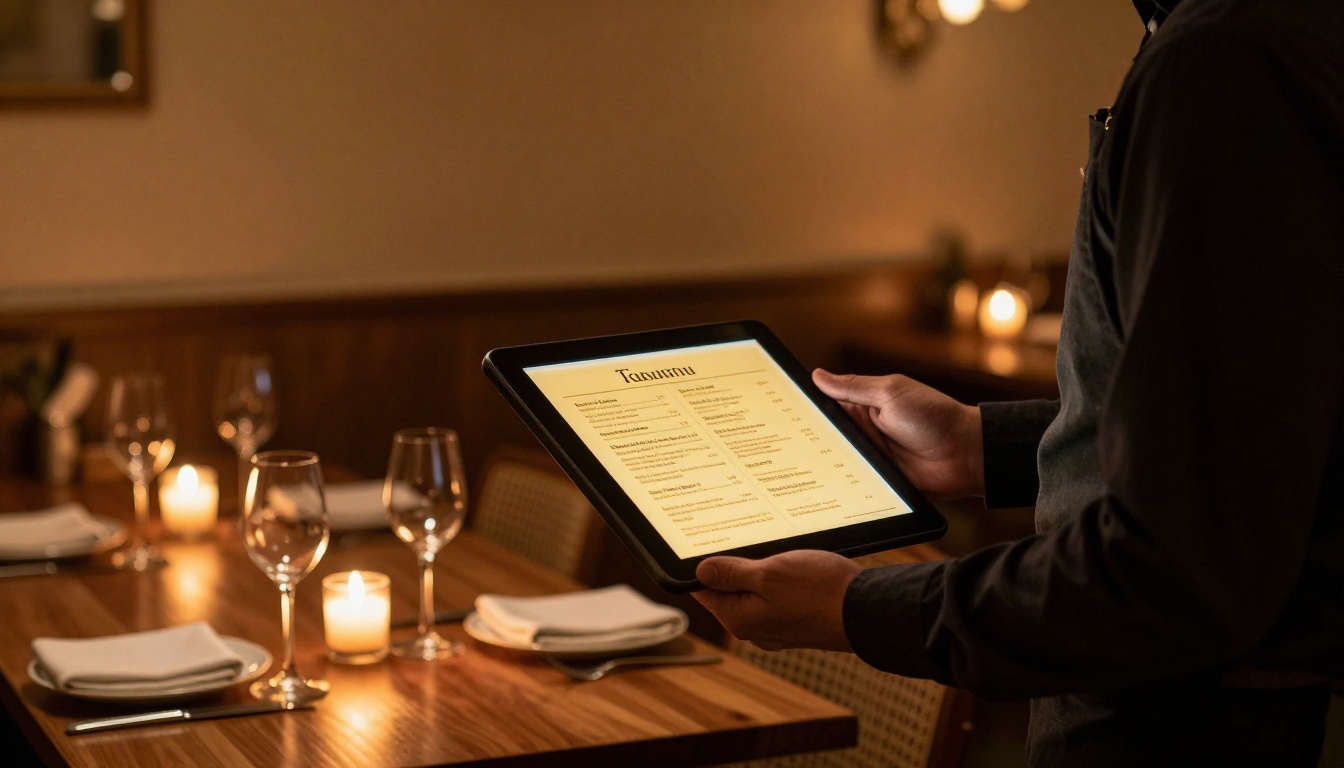 Waiter in a fine dining restaurant holding a tablet showing an elegant digital menu flipbook