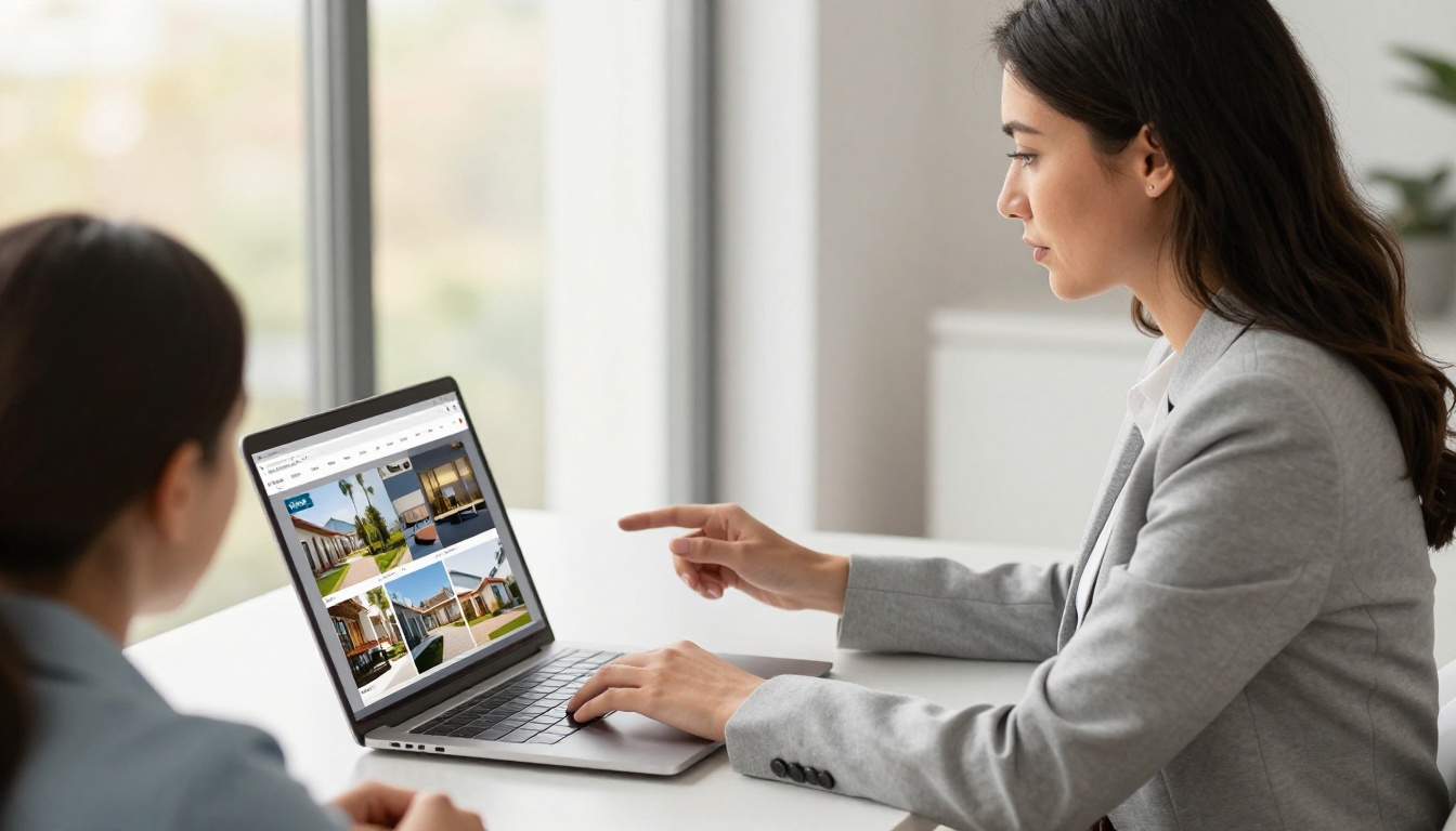 Professional real estate agent showing a digital property brochure flipbook on a laptop to a young couple at a modern desk
