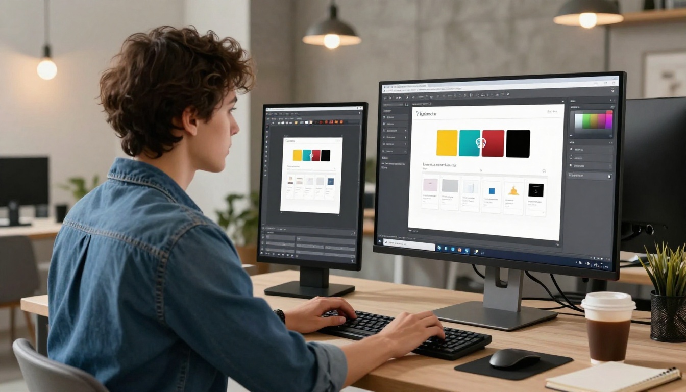 Creative designer with short natural hair working at a dual-monitor desk setup showing a flipbook editor interface and preview